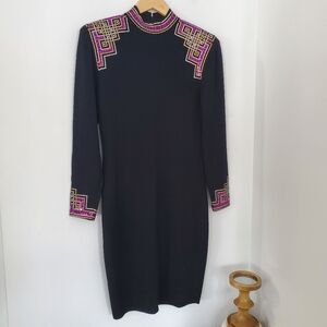VTG ST. JOHN Black Santana Knit Dress Marie Gray Purple Gold Silver Accent NICE!
